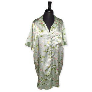 Maidenform Green Floral Satin Button Down Short Sleeve Night Shirt Size 1X